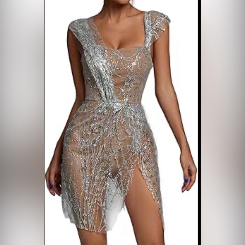 NWT Bella Barnett Sparkling Sheer Sequin Mini Dress With Body Suit Women’s Sz M